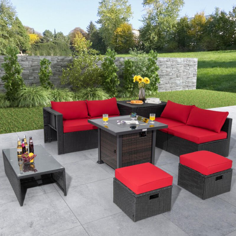 Hivvago 9 Pieces Patio Furniture Set with 32" Fire Pit Table and 50000 BTU Square Propane Fire Pit