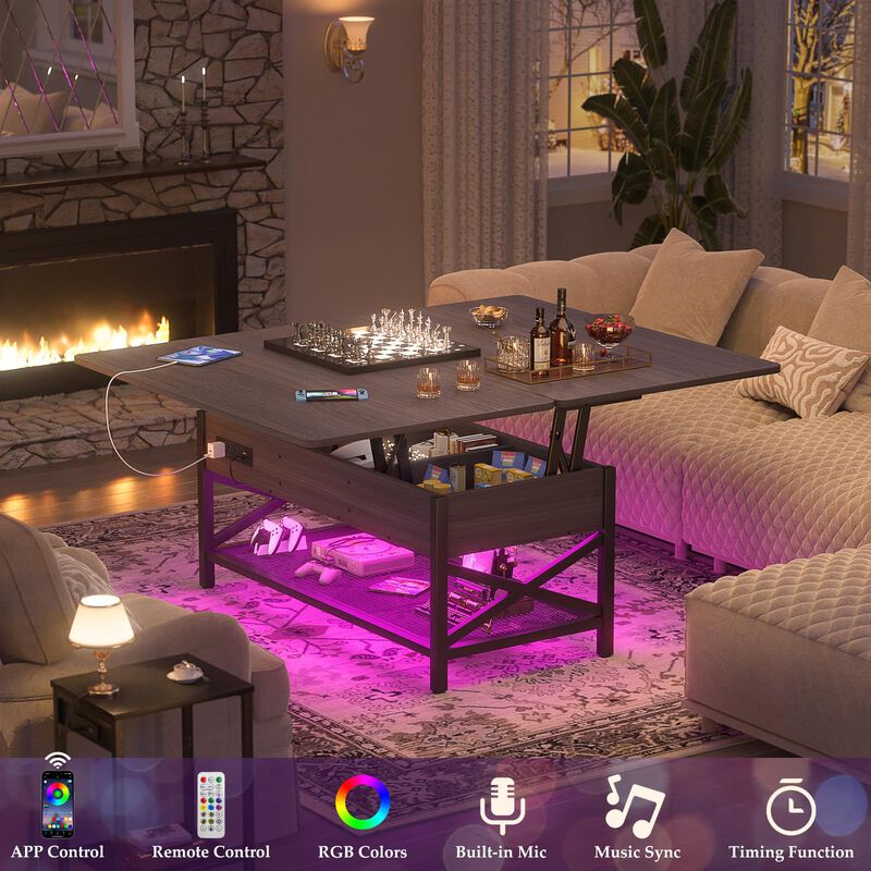 Aheaplus Coffee Table Lift Top Multi-Function Coffee Table Converts to Dining Table, with LED Light and Power Outlet, Center Tab