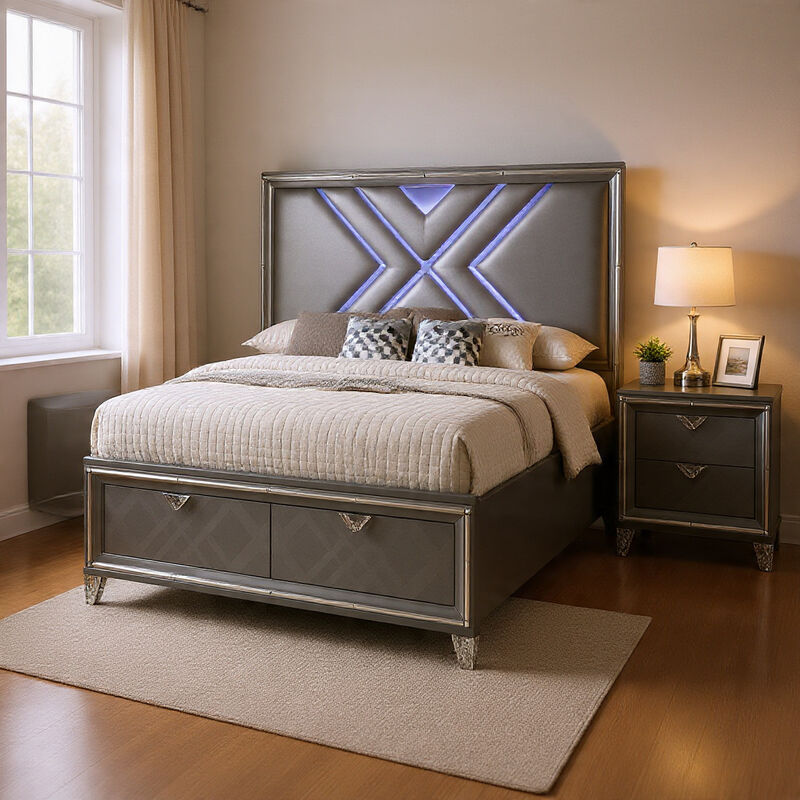 Queen Bedroom Set, Gray, Silver Wood, 2 Piece Set with Nightstand image number 8