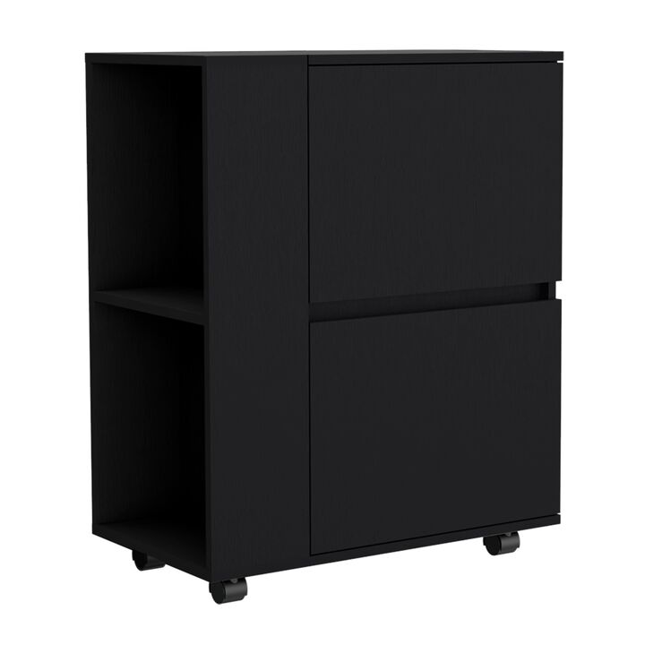DEPOT E-SHOP white bar-coffee cart 32" H, Kitchen or living room furniture with 4 wheels, folding surface, 2 central drawers covered by folding doors, storage for glasses, snacks.