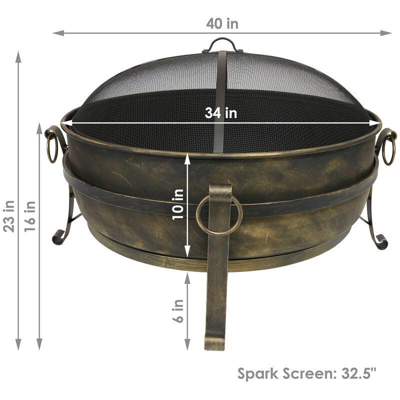 Sunnydaze Cauldron Steel Fire Pit with Spark Screen, Poker, and Grate