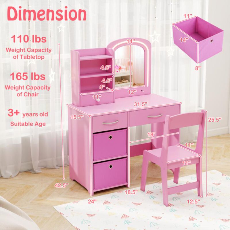 Hivvago Kids Vanity Set with Lighted Mirror Makeup Desk and Chair Set with Drawers