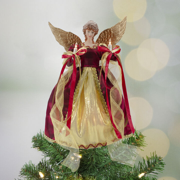 13.5" Lighted Red and Gold Angel with Wings Christmas Tree Topper - Clear Lights