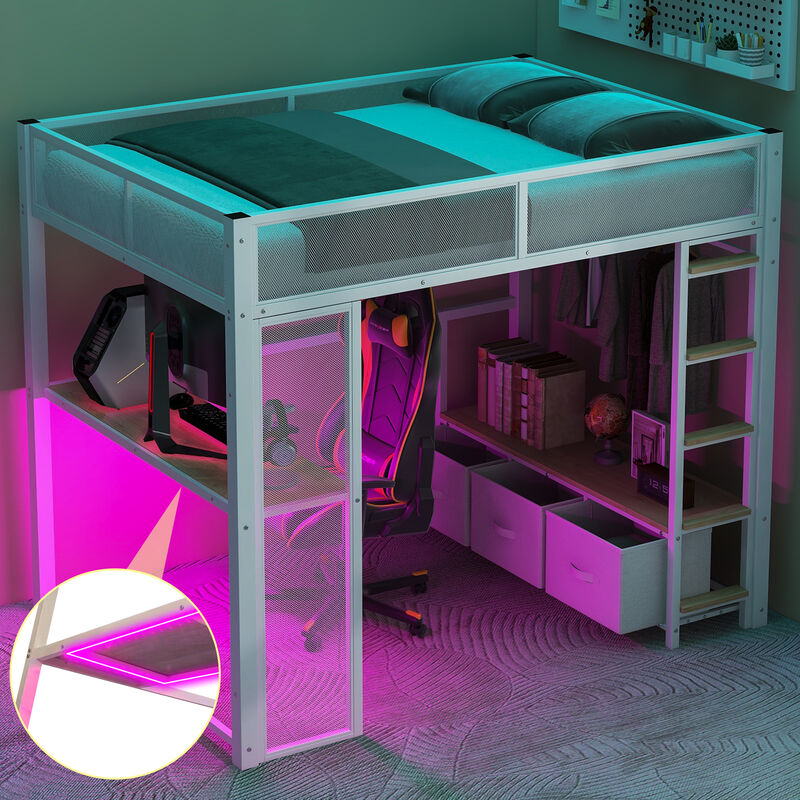 Merax Metal Gaming Loft Bed with LED and Desk