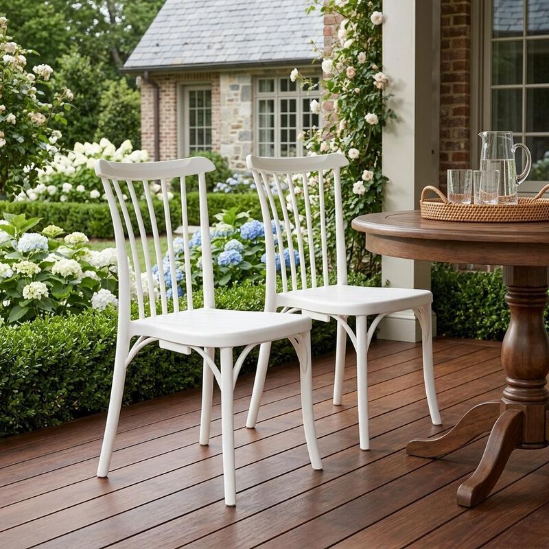 HomeRoots Set of Two White Heavy Duty Plastic Outdoor Stacking Dining Chairs image number 1