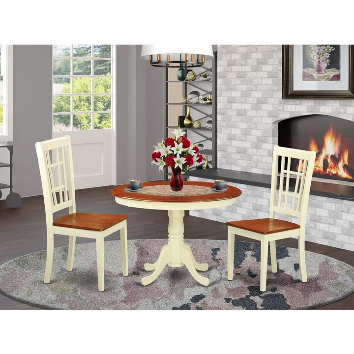 3 Pc set with a Round Small Table and 2 Wood Dinette Chairs in Buttermilk and Cherry .