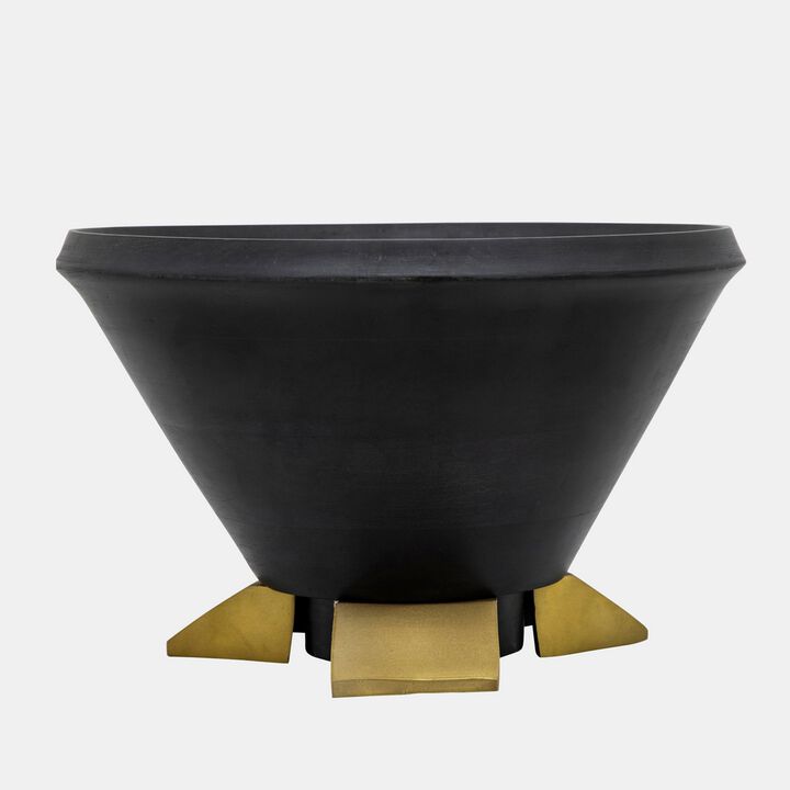 12 Inch Decorative Bowl Table Decor, Gold Metal Legs, Black Wood Bowl - Benzara