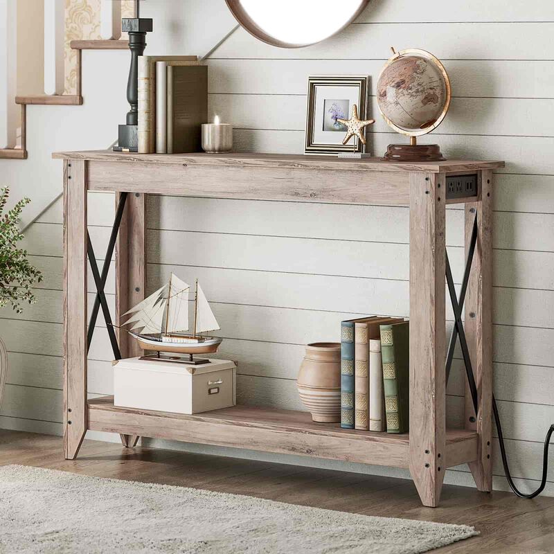 Farmhouse Entryway Console Table with Power Outlets & USB Charging -Greige image number 3