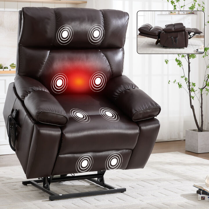 Faux Leather Heat Massage Dual Motor Infinite Position, Oversized Electric Power Lift Recliners with Hidden Cup Holders