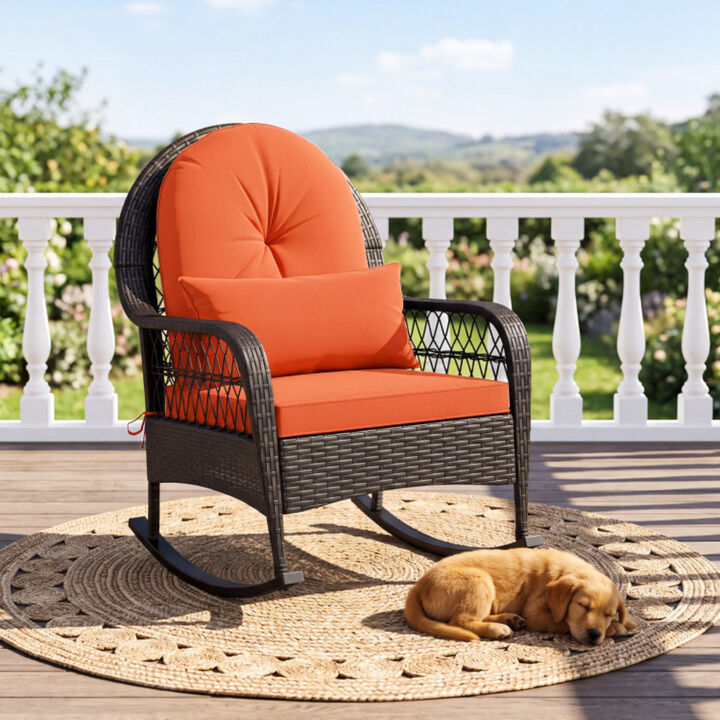 Outdoor Rattan Rocking Chair with Cushioned Seat Backrest and Waist Pillow
