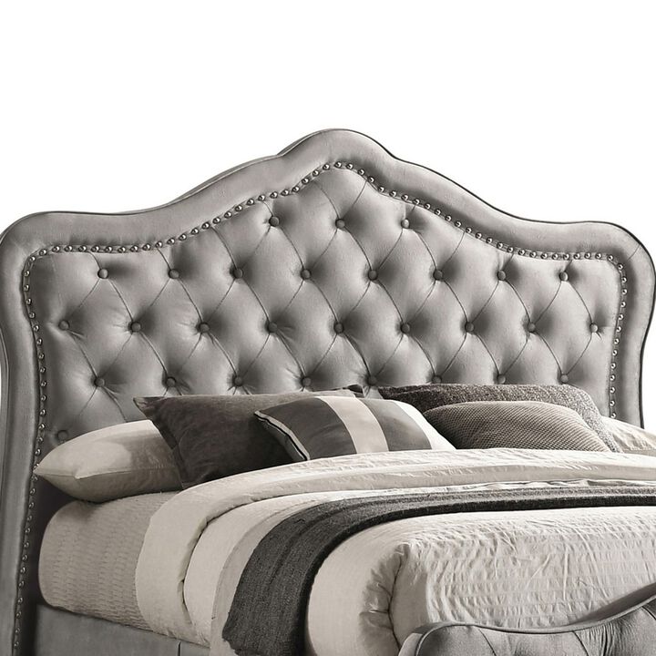 87 Inch Classic Upholstered Queen Size Bed, Scalloped, Button Tufted, Gray-Benzara