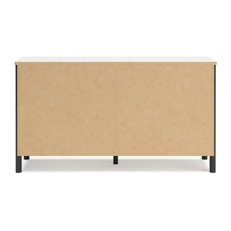 Mooran Wide Dresser, 6 Drawers, Marble Finish Top, Black Laminate - Benzara