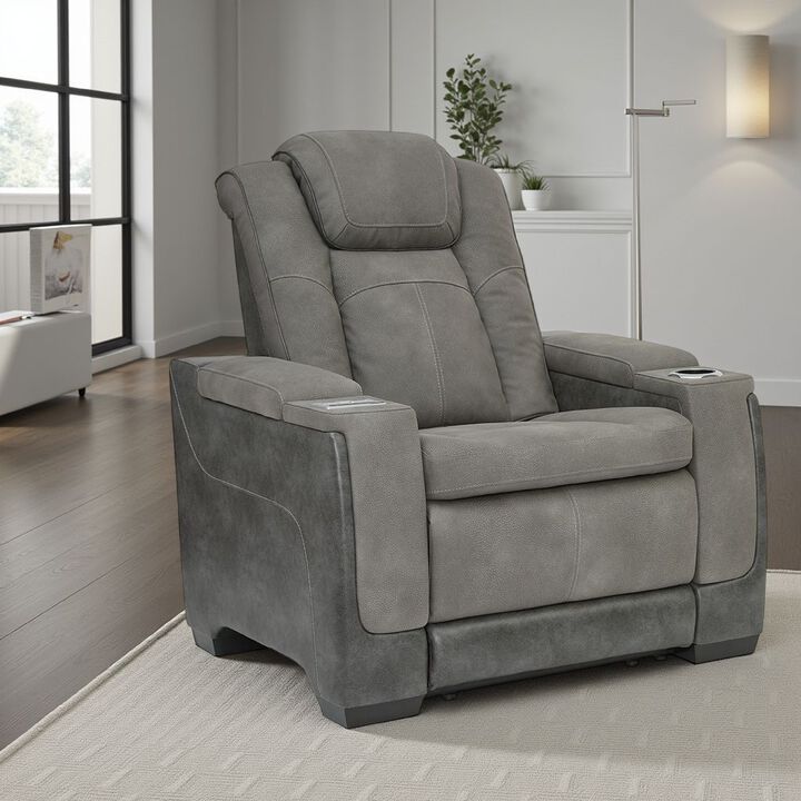 Corbin Power Recliner Chair, 39in, Gray Faux Leather, Wireless Charger