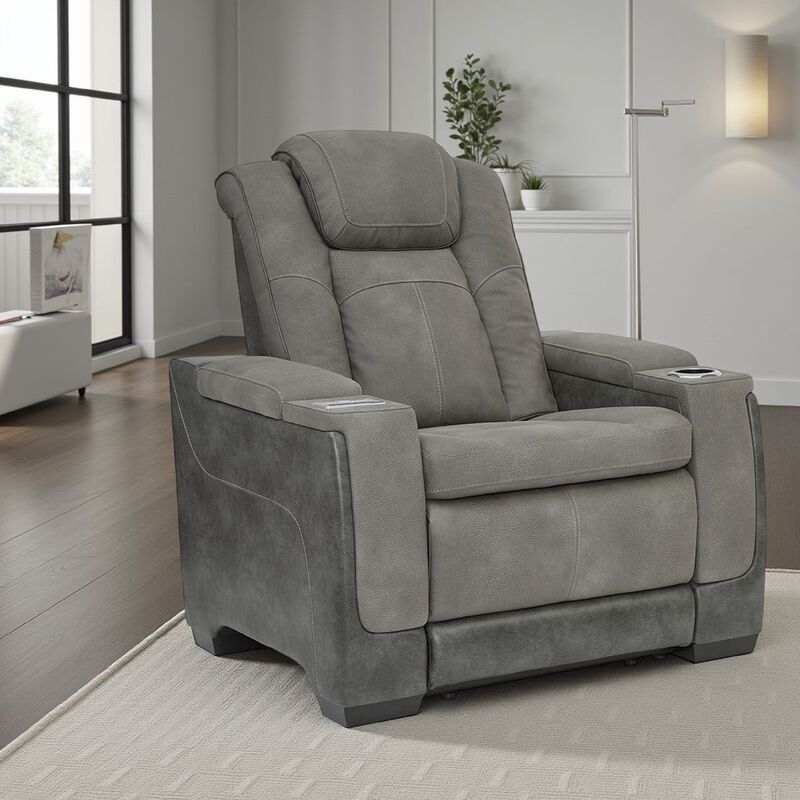 Corbin Power Recliner Chair, 39in, Gray Faux Leather, Wireless Charger - Benzara