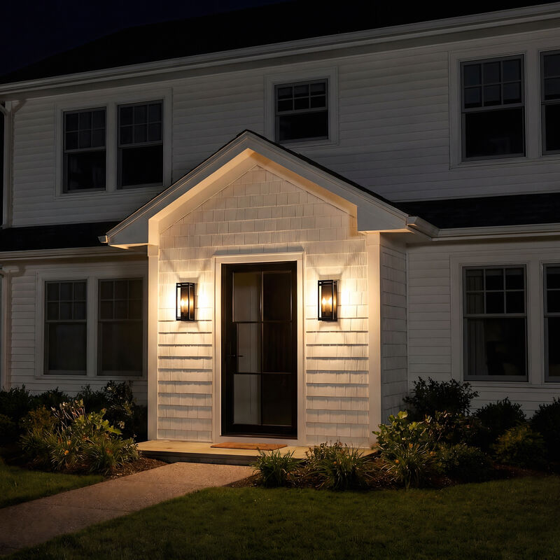 2-Pack 15 in. Traditional Farmhouse Sand Black and Gold 2-Light Outdoor Wall Lanterns with Clear Glass image number 7