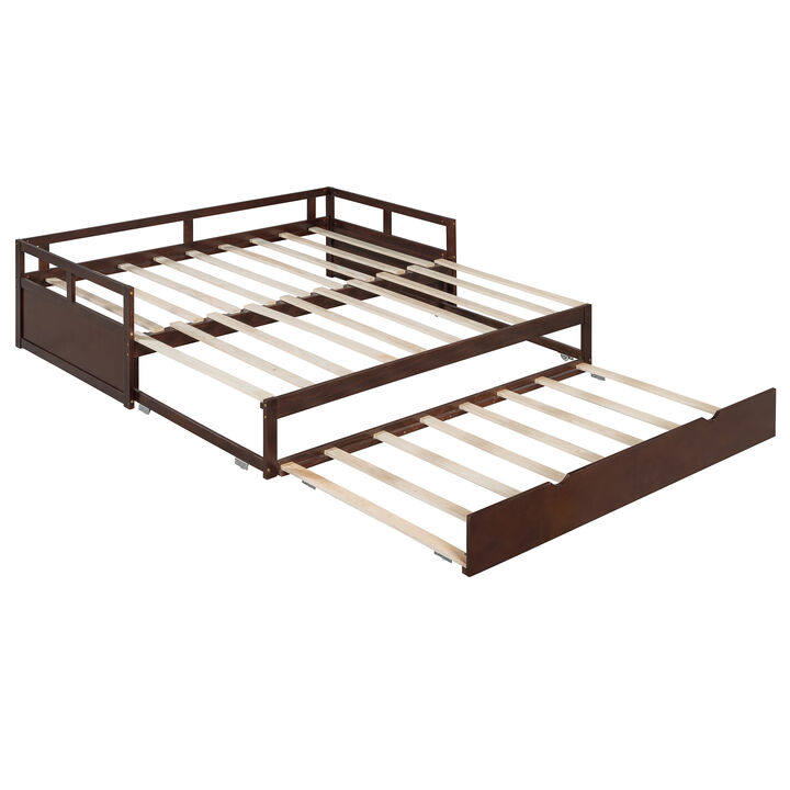 Merax Versatile Extending Twin-to-King Size Daybed with Trundle Solid Pine Wood Frame Built-In Wood Slats No Box Spring Needed Smooth Casters