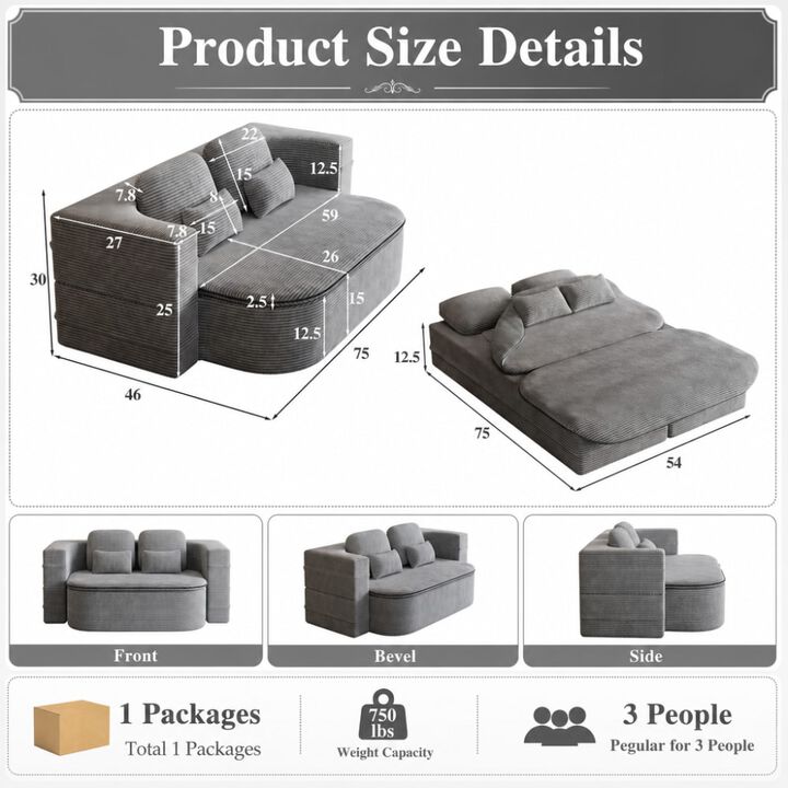 GOODSILO 75'' 2-in-1 Foldable Convertible Sleeper Foam Sofa Bed with Multi-Functional Blanket, Corduroy Floor Lounge