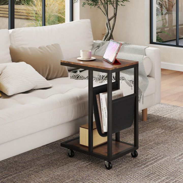 Hivvago C-shaped Side Table with Canvas Storage Pouch and Metal Frame