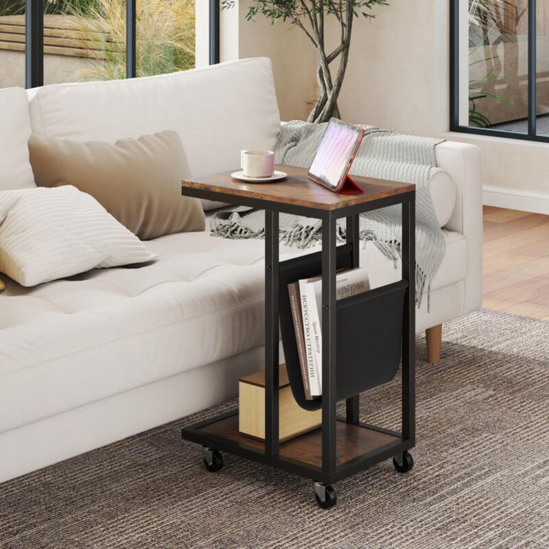 Hivvago C-shaped Side Table with Canvas Storage Pouch and Metal Frame
