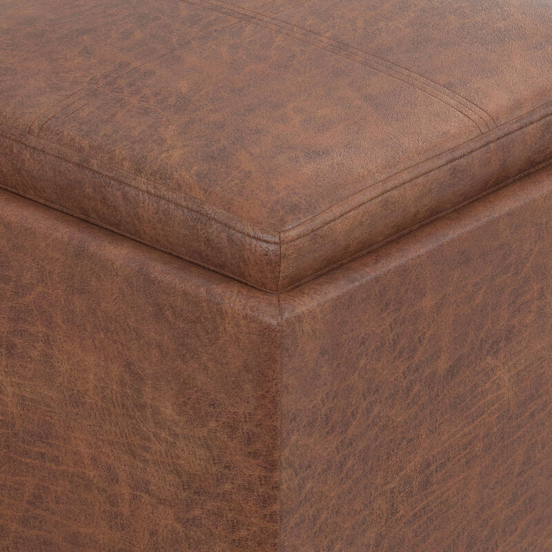 Rockwood 17 inch Wide Contemporary Square Cube Storage Ottoman with Tray in Distressed Saddle Brown Vegan Faux Leather, Assembled image number 6