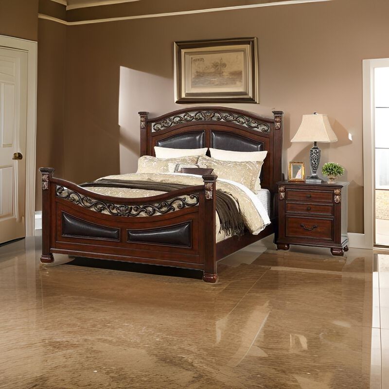 Miri California King Bed, Carved Details, Faux Leather Upholstery, Cherry - Benzara