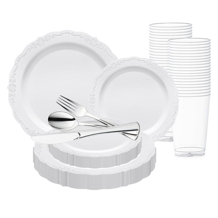 White Vintage Round Plastic Wedding Value Set (30 Sets)
