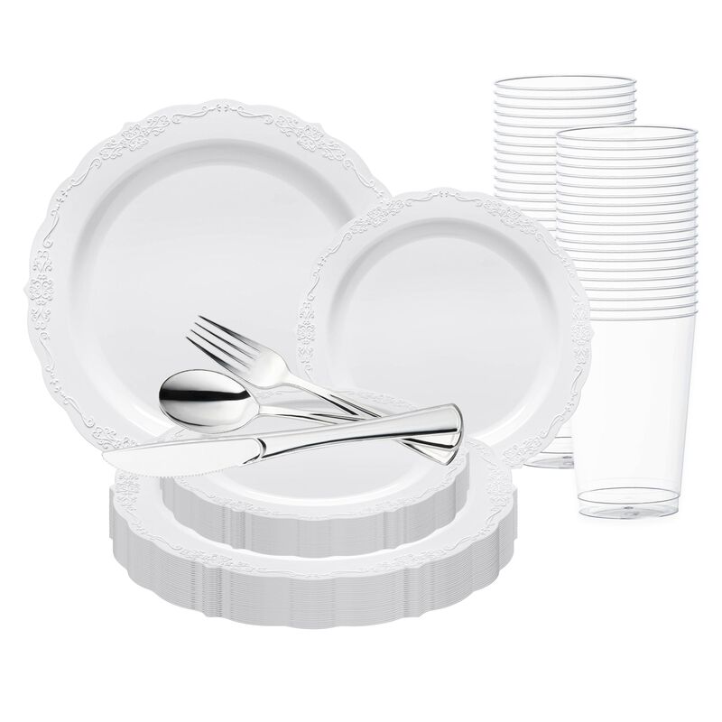 White Vintage Round Plastic Wedding Value Set (30 Sets) image number 0