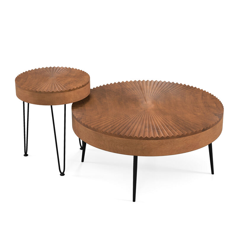 Set of 2 Wooden Coffee Table with Metal Legs and Adjustable Foot Pads