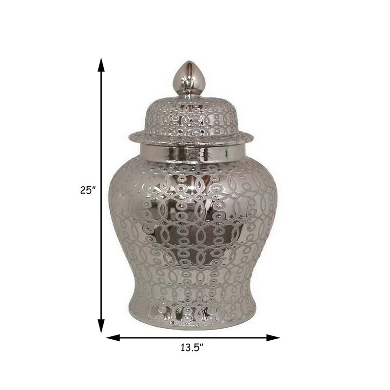 25 Inch Temple Jar, Ceramic Construction, Removable Lid, Silver Finish - Benzara
