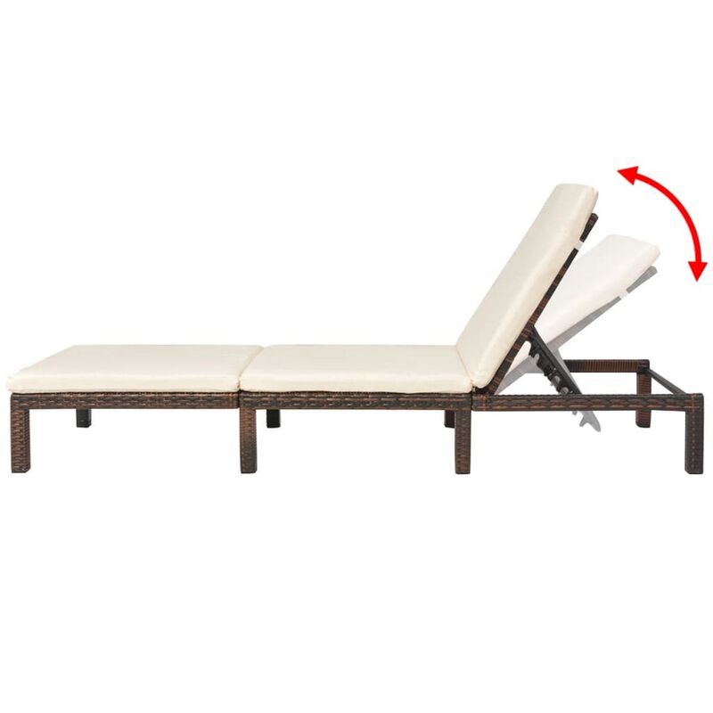 Outdoor Sun Lounger with White Cushion, Adjustable Back, Brown Wood - Benzara