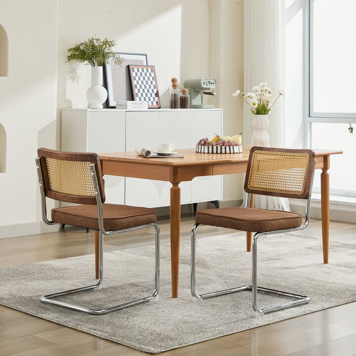 Whisen 2-Piece Mid Century Dining Chairs, Linen Upholstered with Cane Back & Chrome Base, Cantilever Design for Kitchen