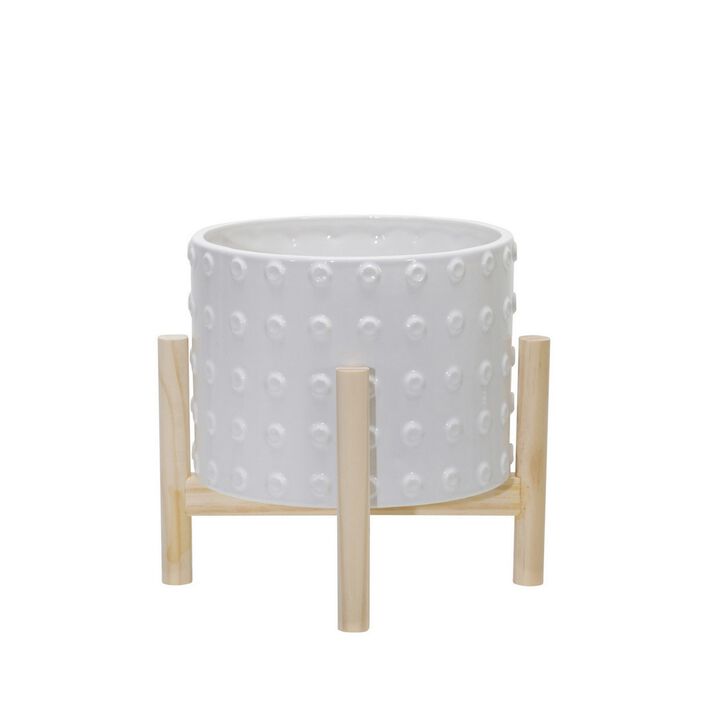 8 Inches Planter with Dotted Planter and Wooden Stand, White- Benzara