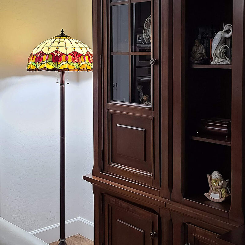 Hivvago 62" Brown Two Light Traditional Shaped Floor Lamp With Red Flowers Stained Glass Dome Shade