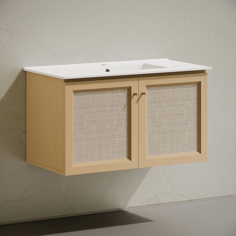 36" Wall-Mounted Bathroom Vanity in Natural Oak, Single Faucet Hole Vanity Top image number 5