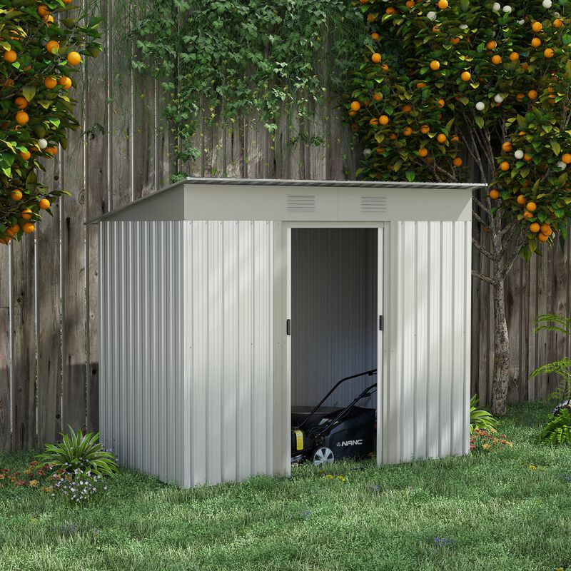 Outsunny 7' x 4' Metal Lean to Garden Shed, Outdoor Storage Shed, Garden Tool House with Double Sliding Doors, 2 Air Vents for Backyard, Patio, Lawn, Silver