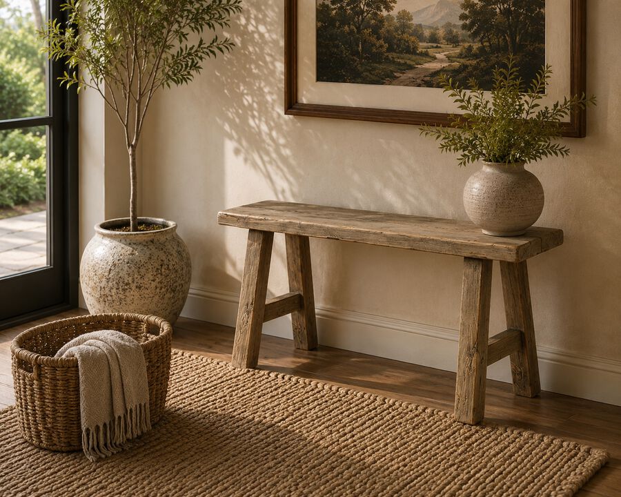 Vintage Reclaimed Elm Entryway Bench in Natural Wood