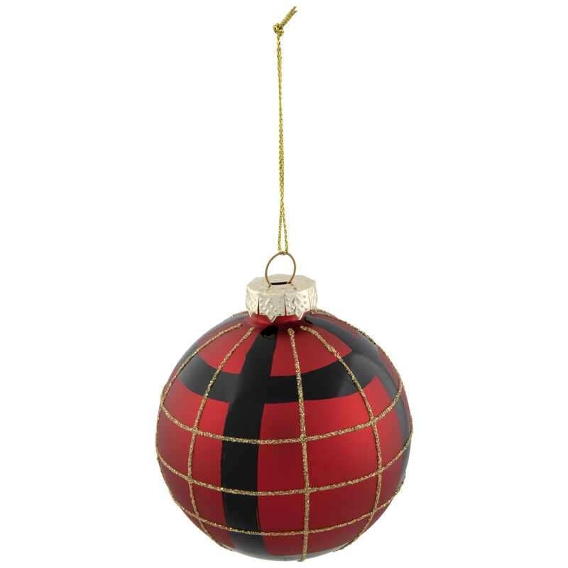 4ct Red  Black and Gold Plaid Glass Ball Christmas Ornaments 3.25" image number 4