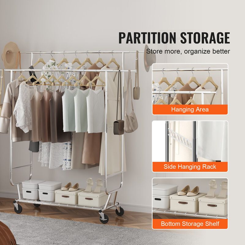 Heavy Duty Garment Rack with Double Rods, Adjustable Height, and Bottom Storage