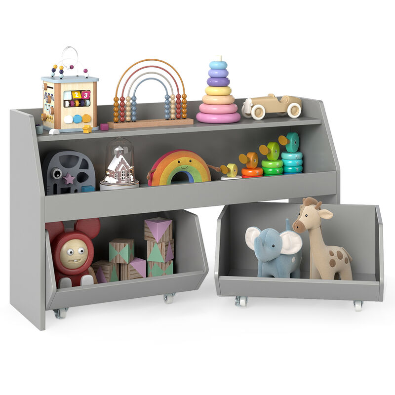Children Toy Storage Bookcase with 2 Rolling Drawers and Open Shelves image number 3