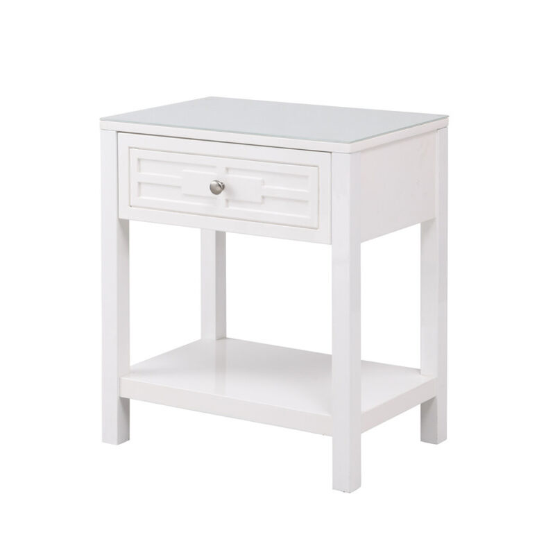 Dylan White Wooden End Side Table Nightstand with Glass Top and Drawer image number 4