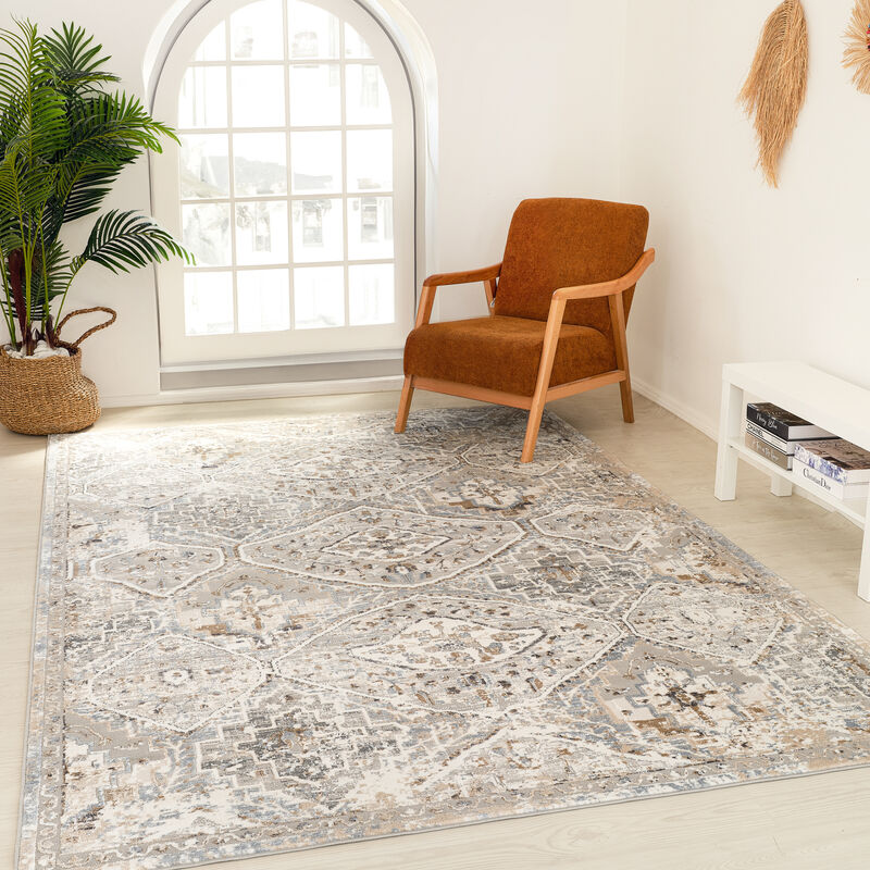 Rug Branch Sukoon Traditional Diamond Medallion Grey Beige Indoor Area Rug