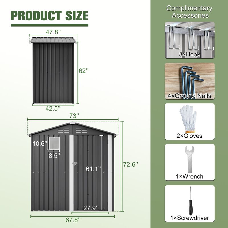6FT x 4FT Metal Outdoor Storage Shed, Steel Utility Tool Shed Storage House image number 3