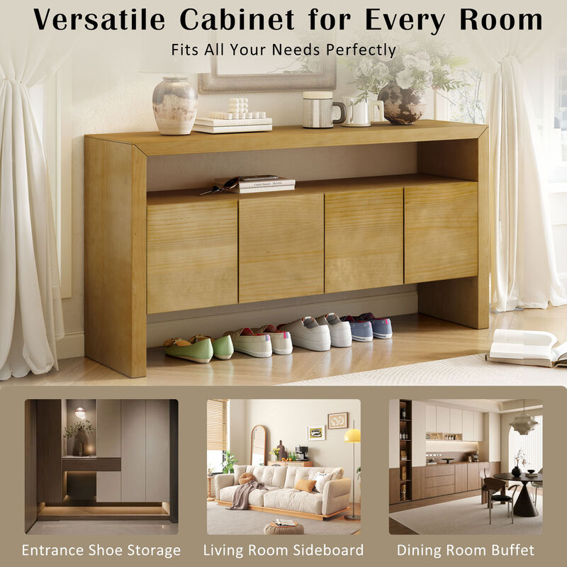 Merax Modern Minimalist Solid Wood Veneer Sideboard with Open Shelf