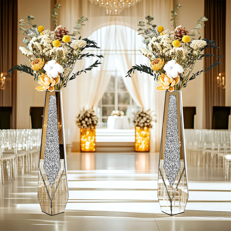 XL Floor Vase Sparkle Diamond Crushed Silver Mirrored Vase Bevelled Border Base image number 8