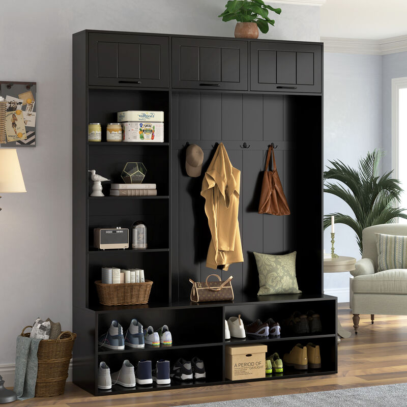 Merax Versatile Entryway Storage Unit with Open Shelving, Closed Cabinets, Hanging Hooks image number 1