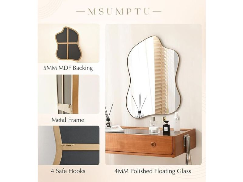 Brass Wave Irregular Wall Mirror &ndash; 24" Metal Frame Modern Decor