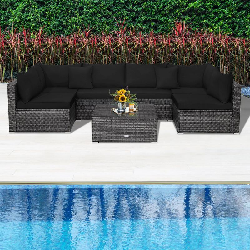 Mondawe 7 Pieces Patio Rattan Furniture Set with Sectional Sofa Cushioned