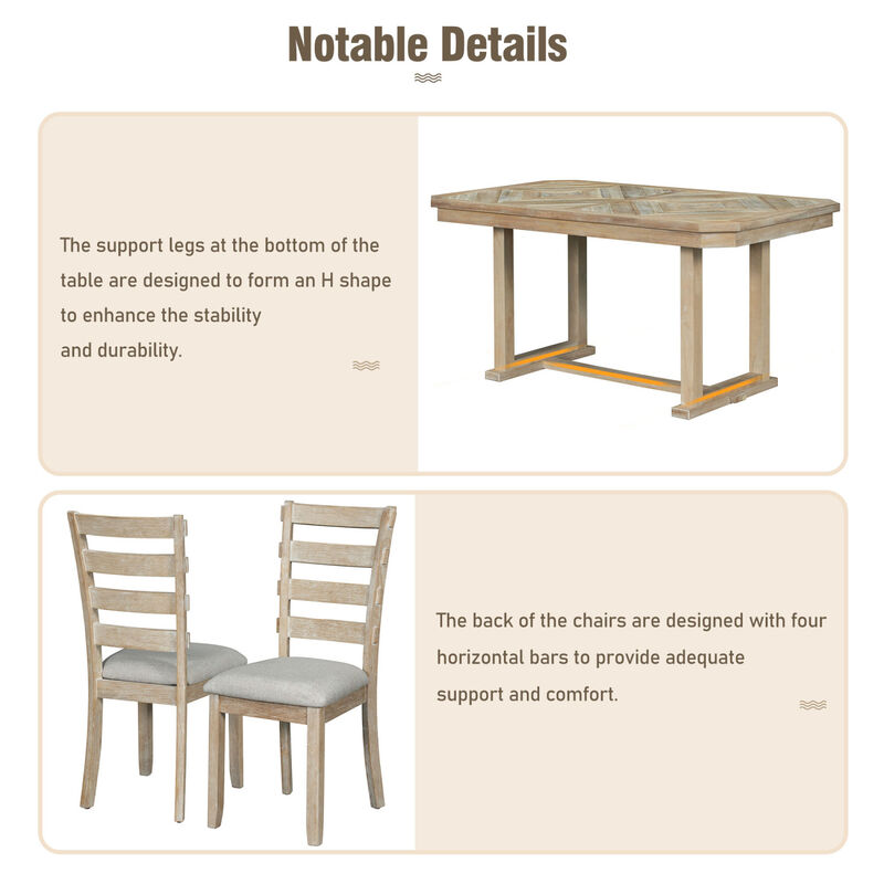 6-Piece Rubber Wood Dining Table Set with Beautiful Wood Grain Pattern Table Top Solid Wood Veneer and Soft Cushion