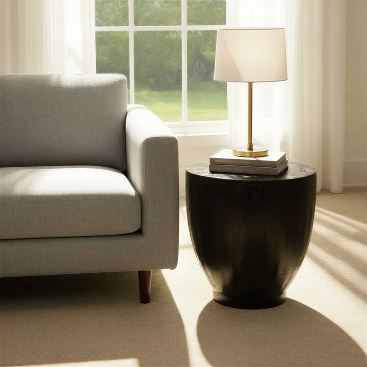 Round Mango Wood Drum End Table with Combed Finish, Black