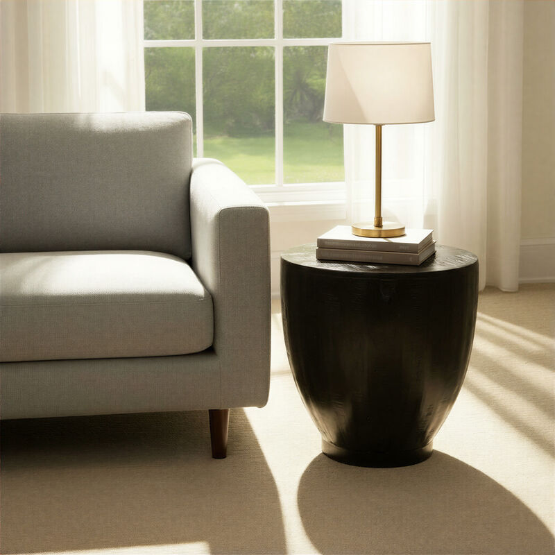 Round Mango Wood Drum End Table with Combed Finish, Black image number 1